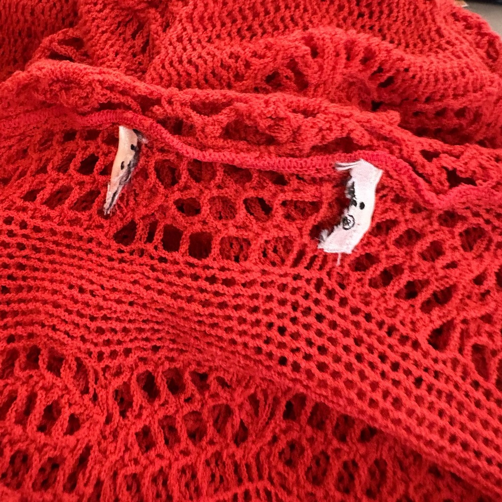 Coral Red Crochet L/S Boho Tunic Top Scalloped Hem Women Small Festival Renfair - Picture 9 of 9